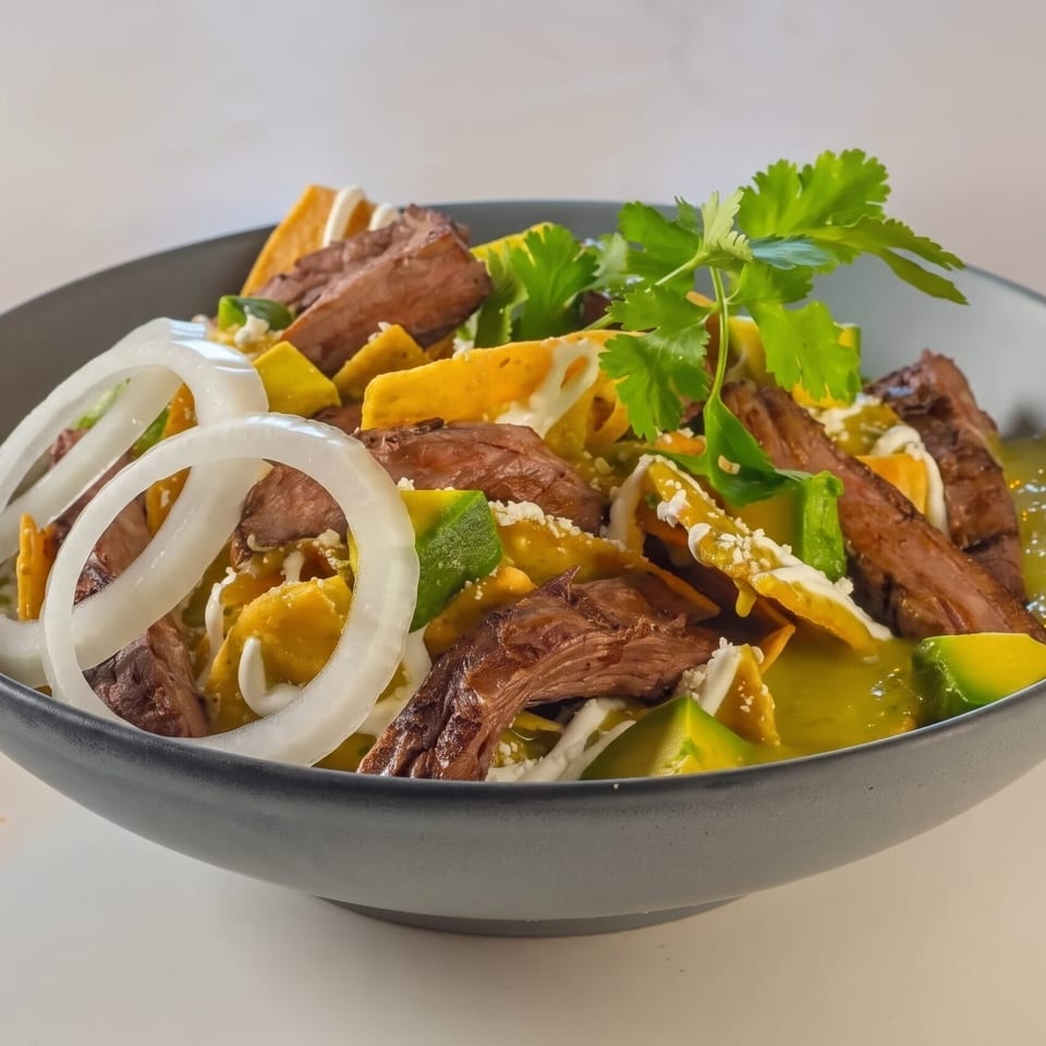 Chilaquiles with steak, avocado, onions, and cilantro in a dark bowl on a white surface.