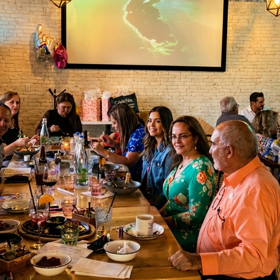 Diverse group of people dining together at a long wooden table in a restaurant with brick walls.