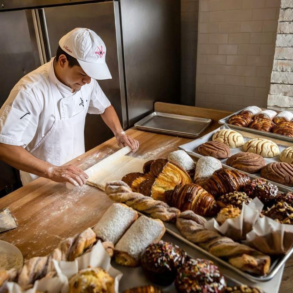 A baker in a white chef's coat and hat rolls dough next to trays of pastries.