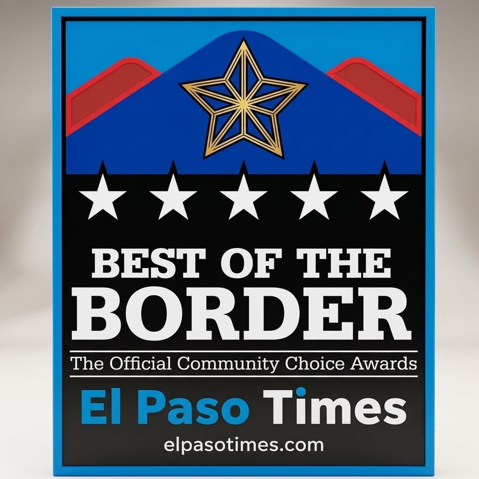 Blue and black El Paso Times 'Best of the Border' award plaque with gold and white stars.
