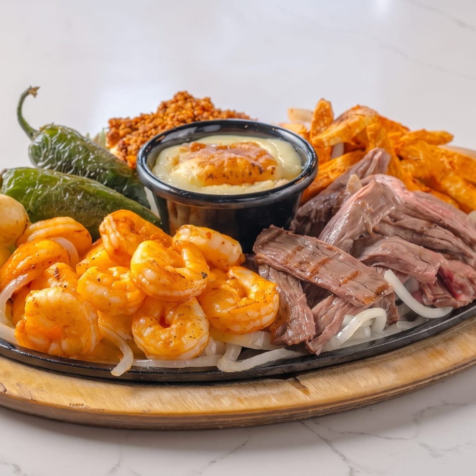 Sizzling fajita platter with shrimp, steak, onions, peppers, and a cheese dip on a wooden board.