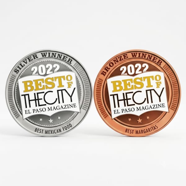 Silver and bronze "Best of the City 2022" awards for Best Mexican Food and Best Margaritas.