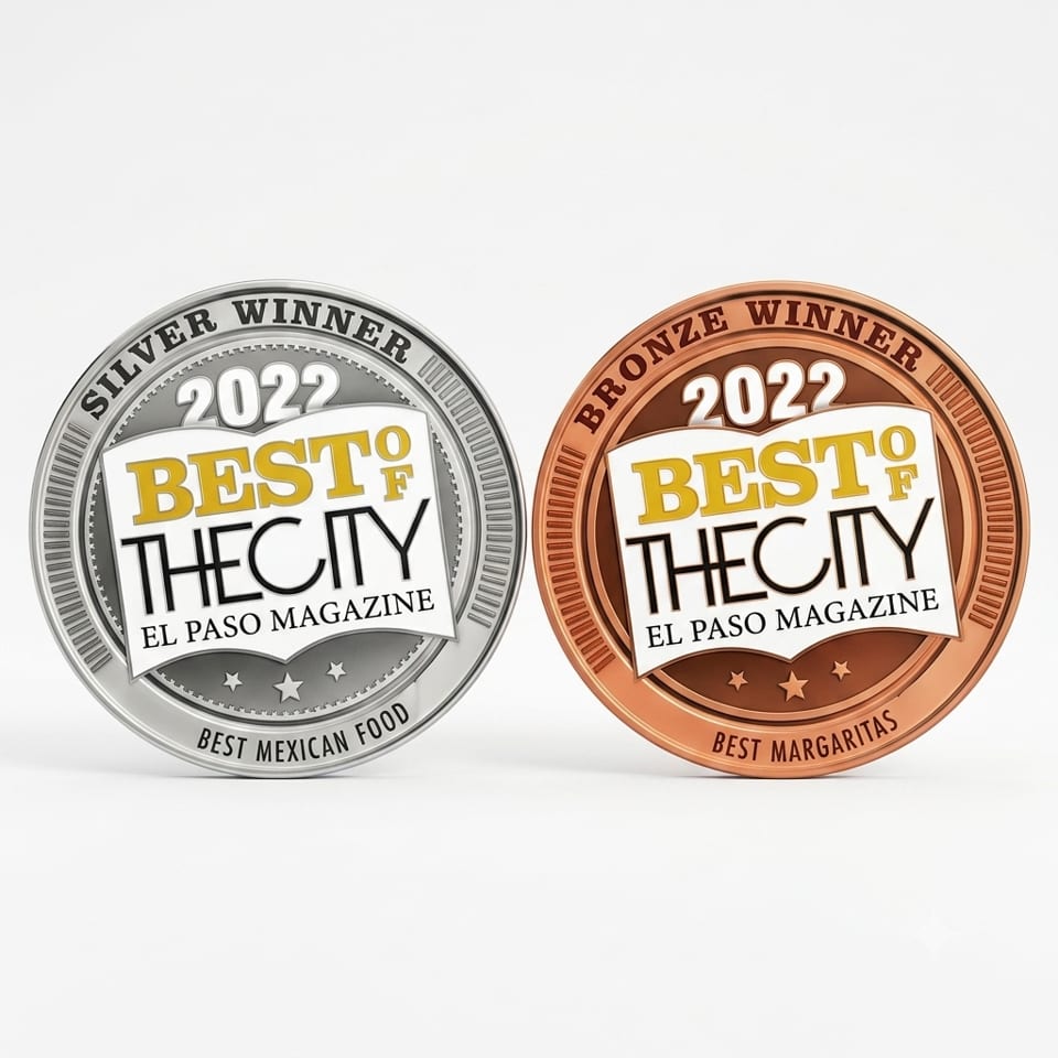 Silver and bronze "Best of the City 2022" awards for Best Mexican Food and Best Margaritas.